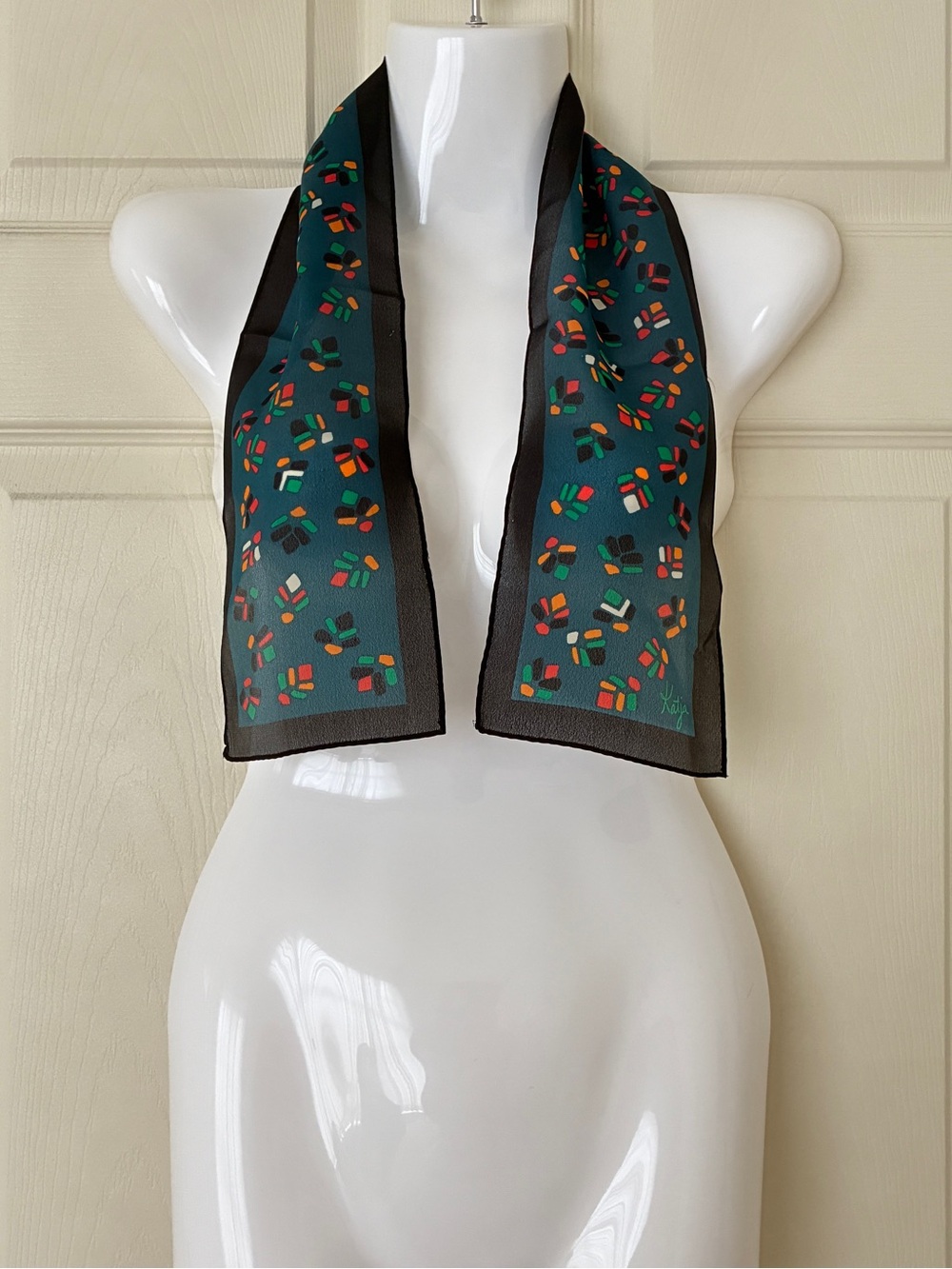 Vintage Katja Sheer Multicolor Abstract Print Scarf Black Teal 5.5” x 34.5” - Picture 3 of 6